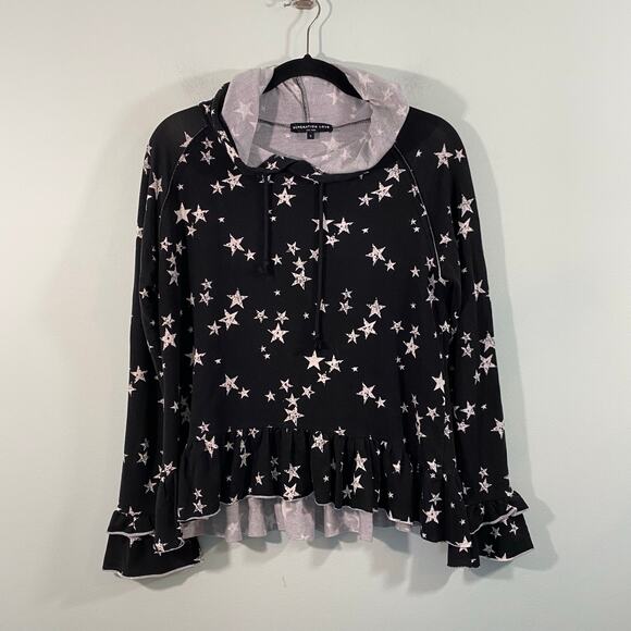 Generation Love Women Black Star Print Ruffles Pullover Hoodie Size S - Picture 1 of 8